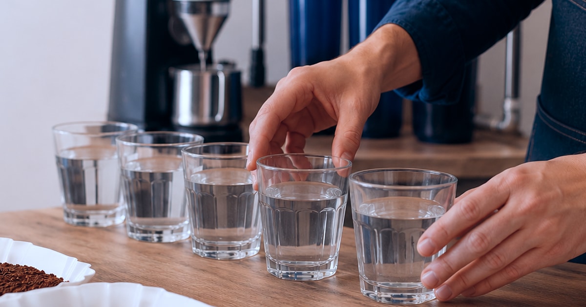 Verres d'eau alignés sur un comptoir en bois devant un système de filtration d'eau, un moulin et du café moulu, pour comparer la qualité de l'eau avant l'extraction